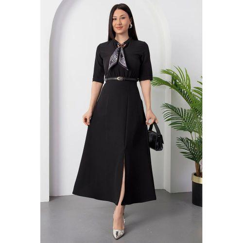 Kadın Kısa Kollu Fular Ve Kemer Detay önden Yırtmaçlı Maxi Boy Elbise