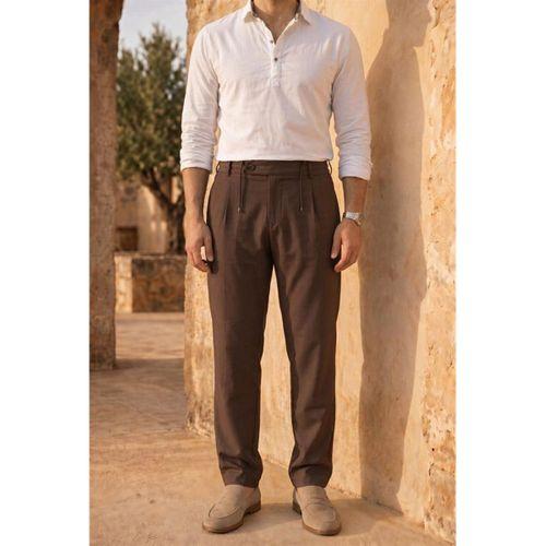 Forner Regular Fit Beli Lastikli Kemer Detaylı Erkek Kumaş Pantolon - Kahve