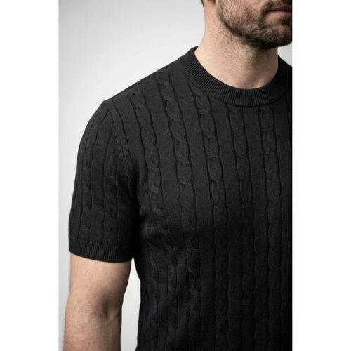 Erkek Yazlık Triko Dokuma Tişört Kısa Kol Bisiklet Yaka Örgü Desenli T-Shirt - Siyah