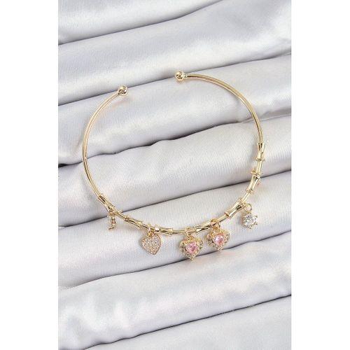Pirinç Zirkon Taşlı Pembe Kalp Model Gold Renk Charm Bileklik
