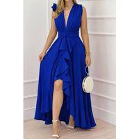 Kadın Askılı Kruvaze Yakalı önü Volanlı Uzun Krep Elbise