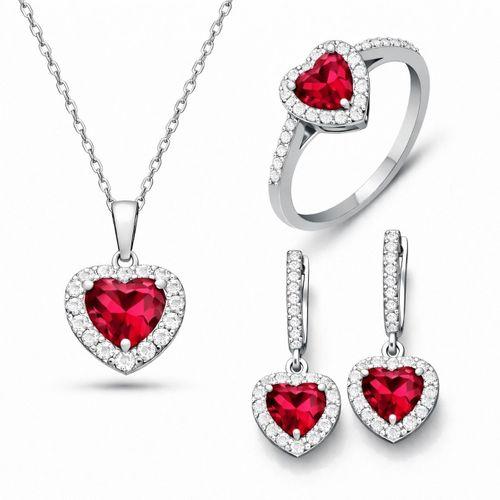 Gümüş Kırmızı Taşlı Kalpli Kadın Set