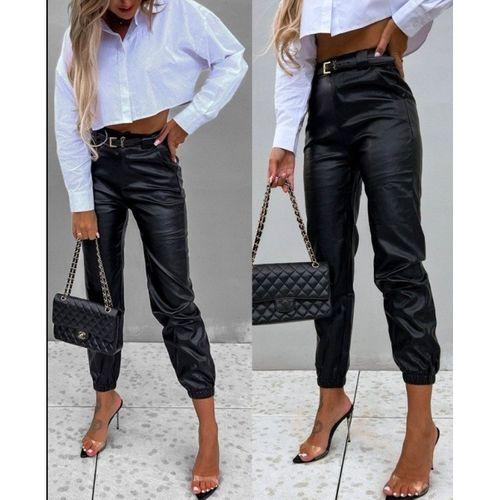 Kadın Pantolon Paçası Lastikli Deri Pantolon (kemersiz)