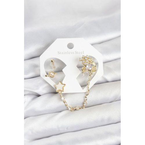 Pirinç Gold Renk Yıldız Model Zincir Bağlantılı Ear Cuff Küpe Seti