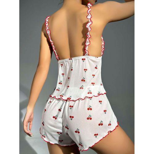 Kadın Kiraz Desenli Fırfırlı Şortlu Gecelik Takım 5101