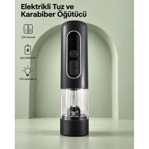 Çift Hazneli Şarj Edilebilir Elektrikli Tuz Ve Karabiber Öğütücü Siyah