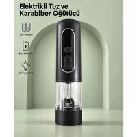 Çift Hazneli Şarj Edilebilir Elektrikli Tuz Ve Karabiber Öğütücü Siyah