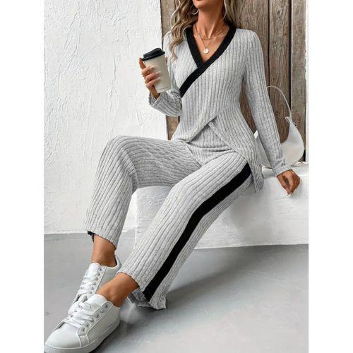 Kadın Uzun Kollu V Yakalı çapraz Detaylı şardonlu Kaşkorse Bluz Ve Pantolon Ikili Takım