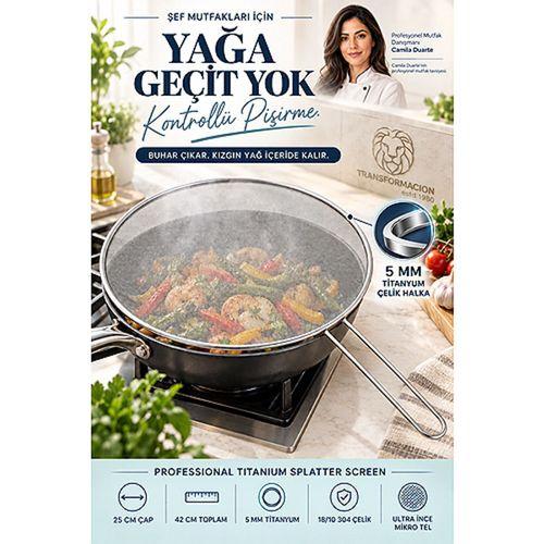 Endüstriyel 25 cm Tava Yağ Sıçratmaz Kapak Titanyum 5 mm Çerçeveli Profesyonel Şef Tipi 18/10 304 Paslanmaz Çelik 723687