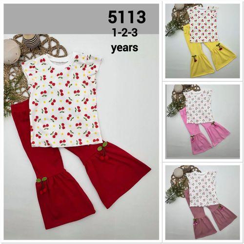 1-2-3-4 Yaş Kiraz Baskılı Tişört İspanyol Paçalı Likralı 2li Kız Çocuk Takımı Sarı