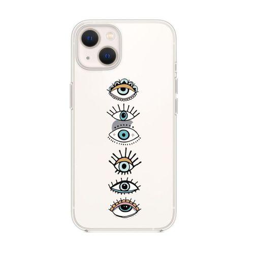 iPhone 14 Uyumlu Renkli Gözler Desenli Şeffaf Silikonlu Telefon Kılıfı