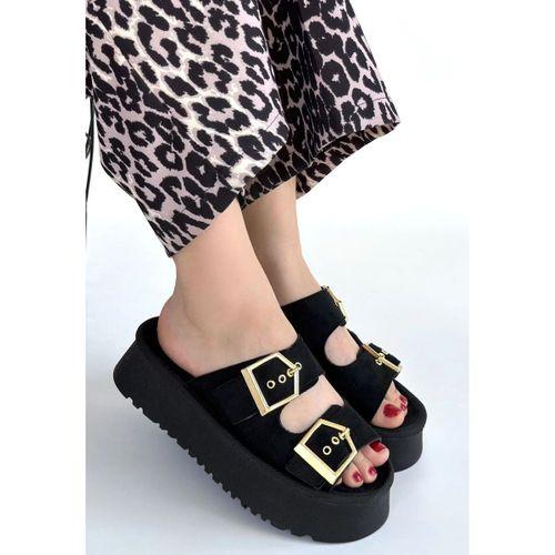 Coer Siyah Süet Çift Tokalı Terlik