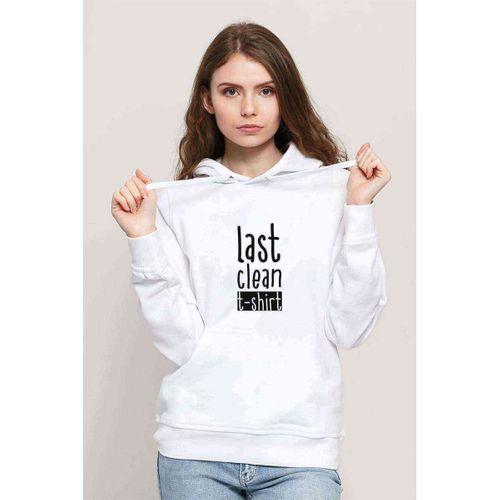 Last Clean Baskılı Beyaz Kadın Kapşonlu Sweatshirt