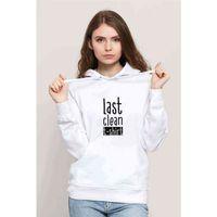 Last Clean Baskılı Beyaz Kadın Kapşonlu Sweatshirt