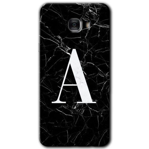 MRCİLETİSİM MRCİLETİSİM Samsung Galaxy C9 Pro Kılıf HD Desen Baskı Arka Kapak + Temperli Cam - Siyah Mermer Desenli A Harfi