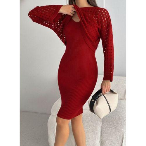 Kadın Uzun Kollu Delikli Kazak Askılı Elbise Triko Ikili Takım