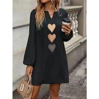 Kadın Uzun Kollu V Yakalı Kalp Desenli Mini Ithal Krep Elbise