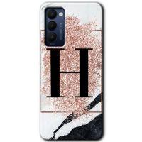 Tecno Camon 18P HD Baskılı Kılıf + 9D Tam Ekran Koruyucu - Pembe Mermer Desenli H Harfi