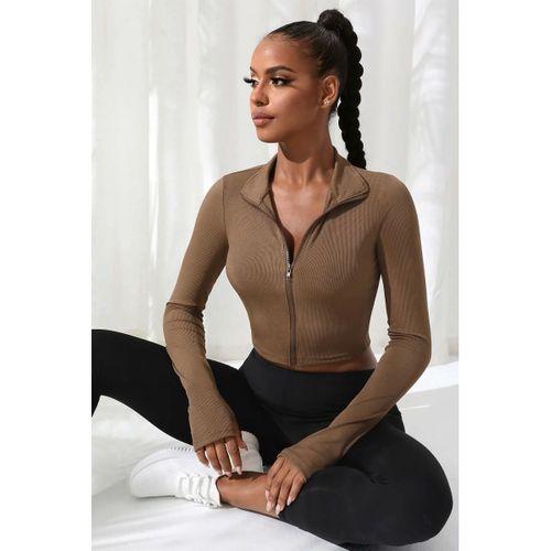 Kadın Kahverengi Dik Yaka Fermuarlı Uzun Kollu Parmak Geçmeli Crop Top Spor Bluz