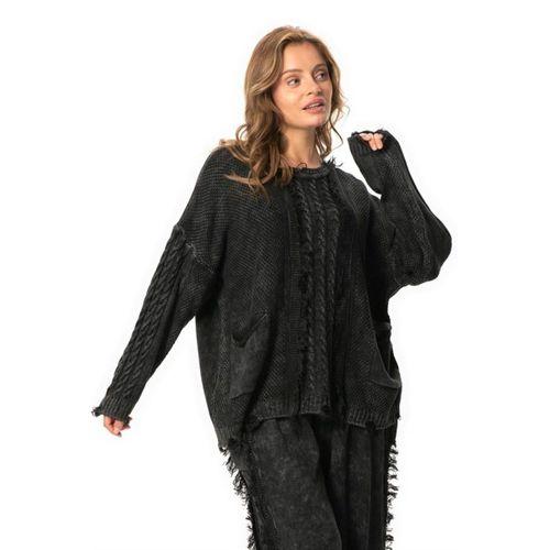 Uzun Kol Aylin Örgü Detaylı Bisiklet Yaka Sonbahar ve Kışlık Triko Bluz Siyah Syh