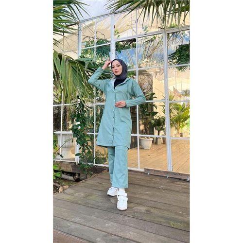 Çıtçıtlı Kapşonlu Uzun Tunik Pantolon İkili Tesettür Eşofman Takımı - 03078.100 - Çağla Yeşili