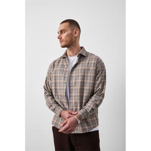 Carol Relaxed Fit Pamuklu Çizgili Flanel Erkek Gömlek - Bej