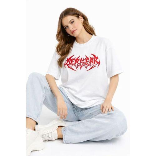 Baskılı T-Shirt Yazlık Kısa Kol Bisiklet Yaka Rahat Kalıp Tişört - Beyaz