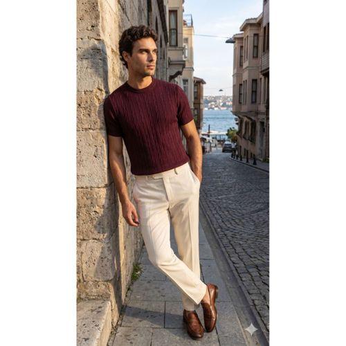 Erkek Örgü Desen Bisiklet Yaka Triko Tişört - %100 Pamuk Akrilik