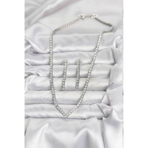 Gümüş Renk Zirkon Taşlı Kadın Kolye Küpe Seti