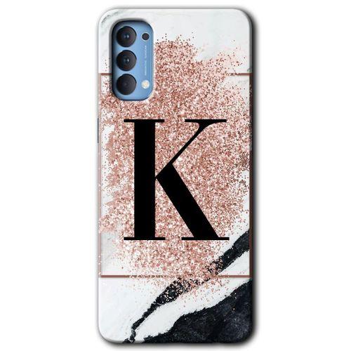 MRCİLETİSİM Oppo Reno 4 Kılıf HD Desen Baskılı Arka Kapak + Temperli Cam - Pembe Mermer Desenli K Harfi
