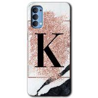 MRCİLETİSİM Oppo Reno 4 Kılıf HD Desen Baskılı Arka Kapak + Temperli Cam - Pembe Mermer Desenli K Harfi