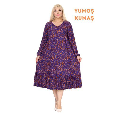 Melsay Butik Kışlık Robalı Yumoş Uzun Kollu Mor Çiçek Desenli Elbise