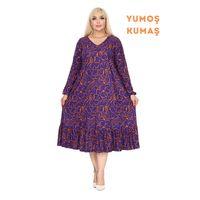 Melsay Butik Kışlık Robalı Yumoş Uzun Kollu Mor Çiçek Desenli Elbise
