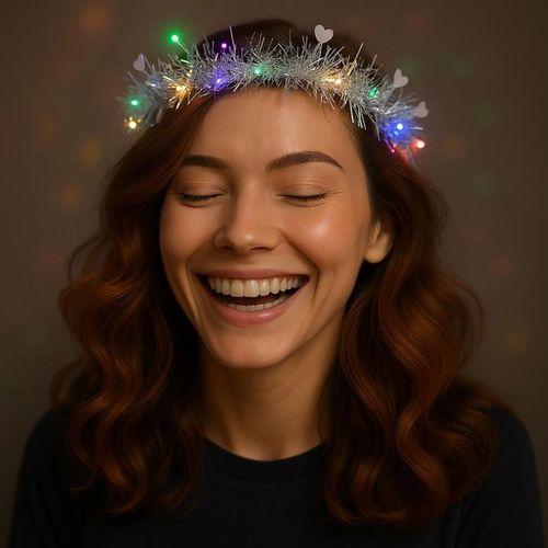 Kalp Püsküllü 3 Modlu Led Işıklı Taç Gümüş Renk