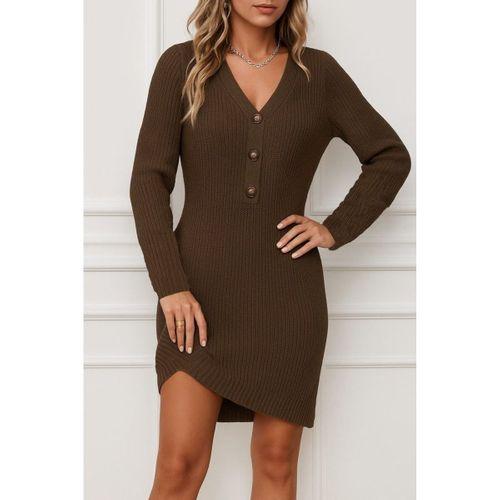 Kadın Uzun Kollu V Yakalı önden Düğmeli Kısa Triko Elbise
