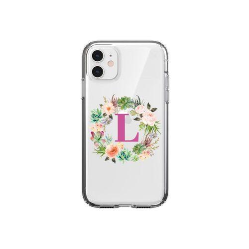 Mor Çiçekli L Harfli Şeffaf iPhone 11 Telefon Kılıfı