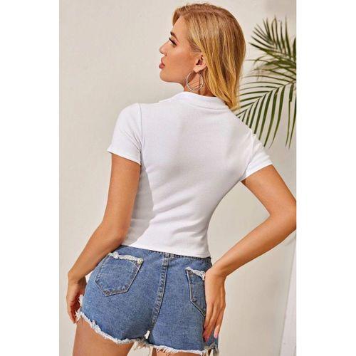 Kadın Beyaz Yarım Fermuarlı Ve Kısa Kollu Crop Top Bluz