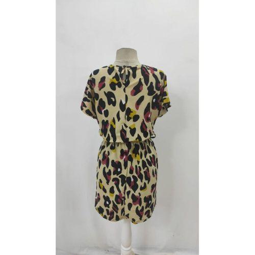 Kadın Kısa Kollu Yuvarlak Yaka Beli Kuşaklı Geometrik Desenli Süprem Elbise