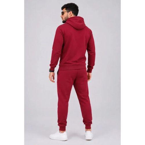 Erkek İki İplik Kapüşonlu Kanguru Cepli Sweatshirt Jogger Pantolon Alt Üst Eşofman Takımı -Bordo