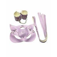 Fantezi Deri Seksi Lila Kedi Maske Kelepçe Kırbaç Seti ( 3’lü Set)