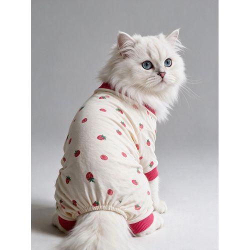Tatlı Çilek Kedi Tulumu | Pamuklu Penye Kedi Kıyafeti | Küçük Irklar İçin | Tüy Dökülmesini Azaltır