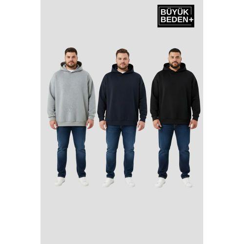 Erkek Büyük Beden 3 lü Set  Kollar Ve Etek Ribanalı ince Kapşonlu Swatshırt SPR26BSW957+3