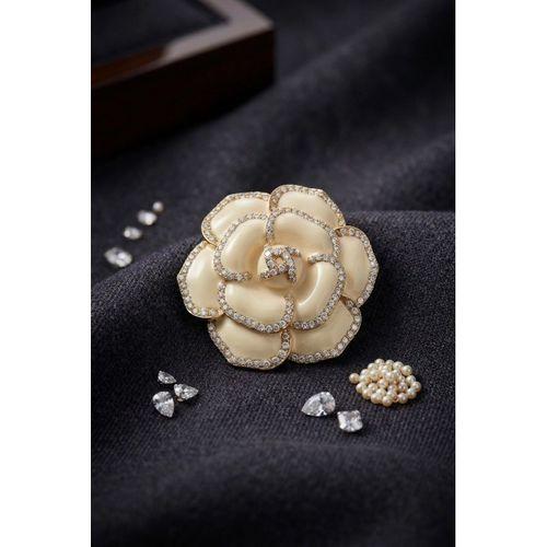 Gold Krem Renk Zirkon Taşlı Gül Model Broş