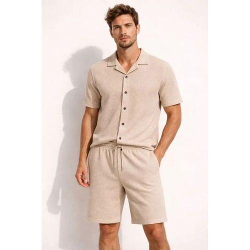 Erkek Waffle Kumaş Kısa Kollu Gömlek Şort Takım Regular Fit Yazlık İkili Set - Bej