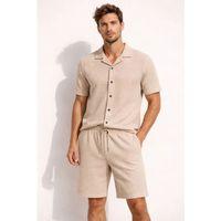 Erkek Waffle Kumaş Kısa Kollu Gömlek Şort Takım Regular Fit Yazlık İkili Set - Bej