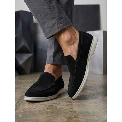 BA0252 %100 İçi Dışı Hakiki Deri Erkek Siyah Süet Casual Loafer Termo Taban Ayakkabı