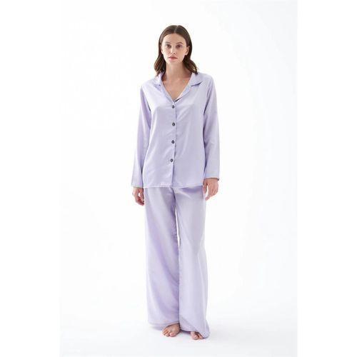Kadın Lila Oversize Saten Pijama Takımı – Rahat Kesim Şık Ev Giyim Seti