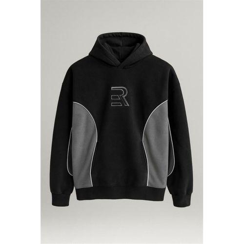 Frank Parçalı Kontrast Desenli Kapüşonlu Oversize Cepli Polar Erkek Sweatshirt - Siyah