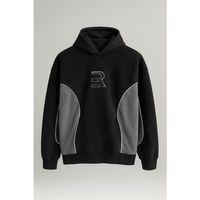 Frank Parçalı Kontrast Desenli Kapüşonlu Oversize Cepli Polar Erkek Sweatshirt - Siyah