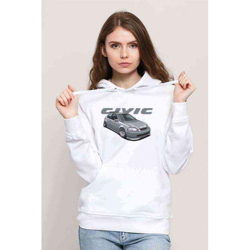 Araba Civic Baskılı Beyaz Kadın Kapşonlu Sweatshirt